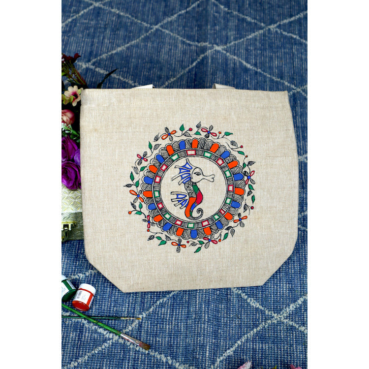 Beige - Nature's Palette Handpainted Cotton Jute Tote Bag