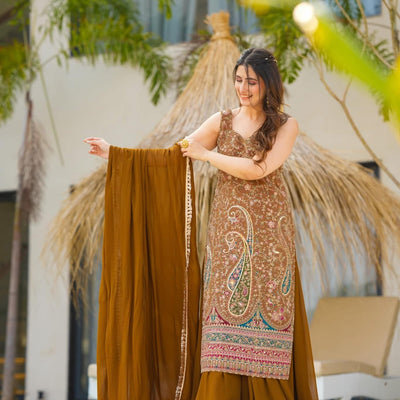Sofia brown heavy embroidered suit set