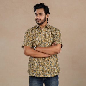 Brown - Men Kalamkari Block Printed Cotton Half Sleeve Shirt