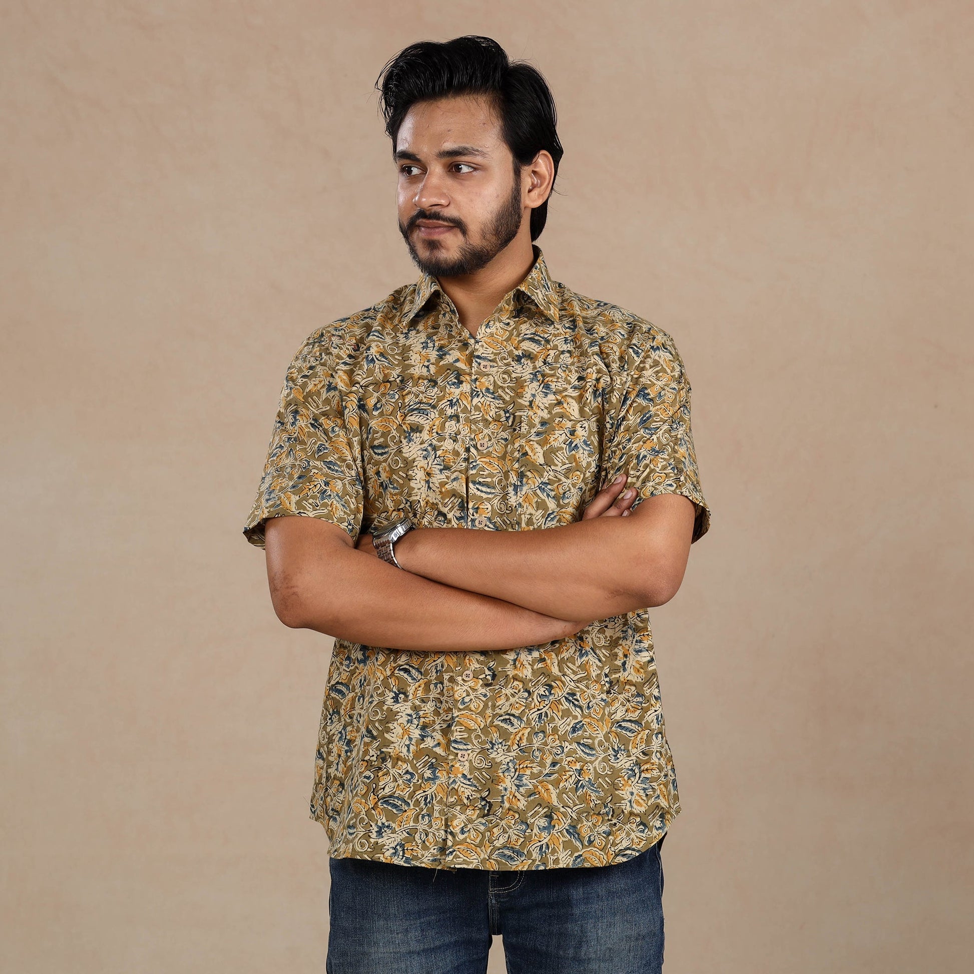Brown - Men Kalamkari Block Printed Cotton Half Sleeve Shirt
