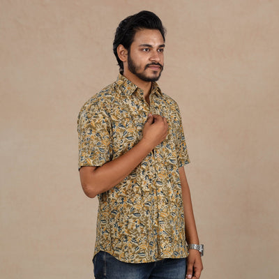 Brown - Men Kalamkari Block Printed Cotton Half Sleeve Shirt