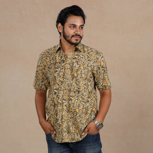 Brown - Men Kalamkari Block Printed Cotton Half Sleeve Shirt