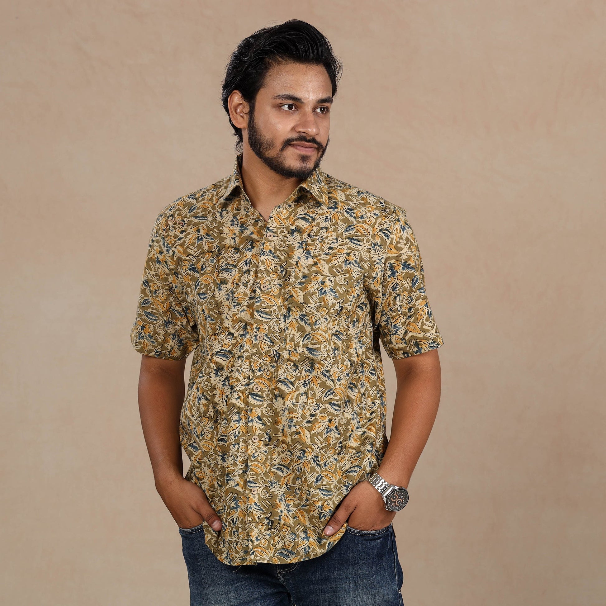 Brown - Men Kalamkari Block Printed Cotton Half Sleeve Shirt