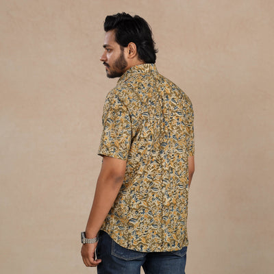 Brown - Men Kalamkari Block Printed Cotton Half Sleeve Shirt