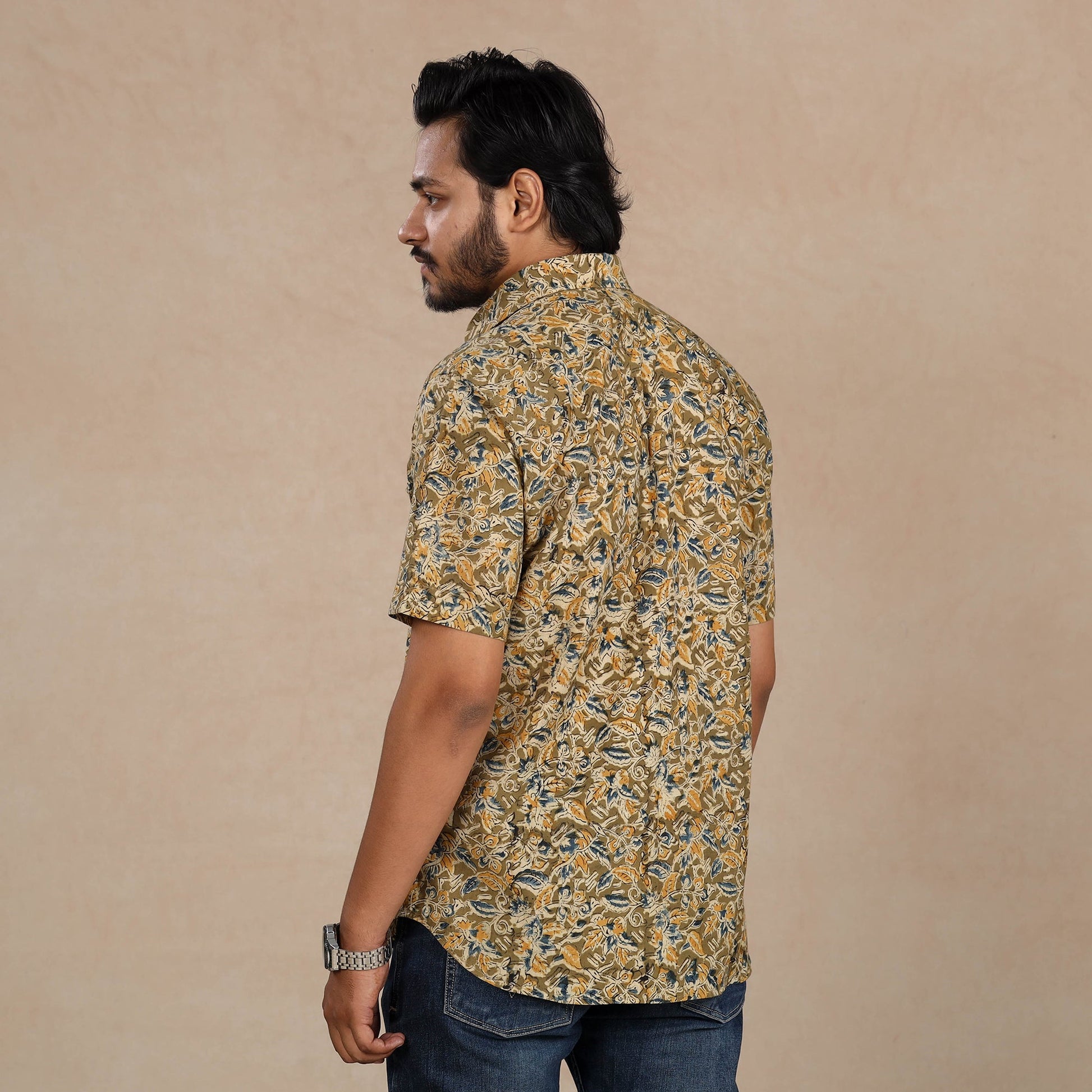 Brown - Men Kalamkari Block Printed Cotton Half Sleeve Shirt