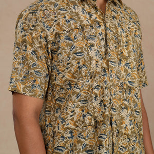 Brown - Men Kalamkari Block Printed Cotton Half Sleeve Shirt