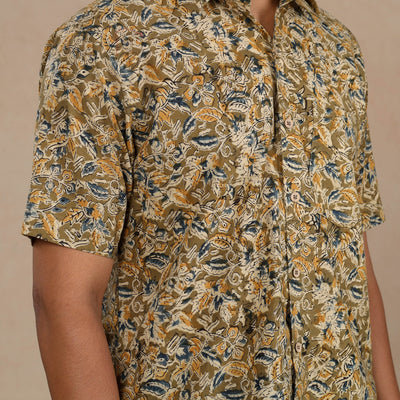 Brown - Men Kalamkari Block Printed Cotton Half Sleeve Shirt