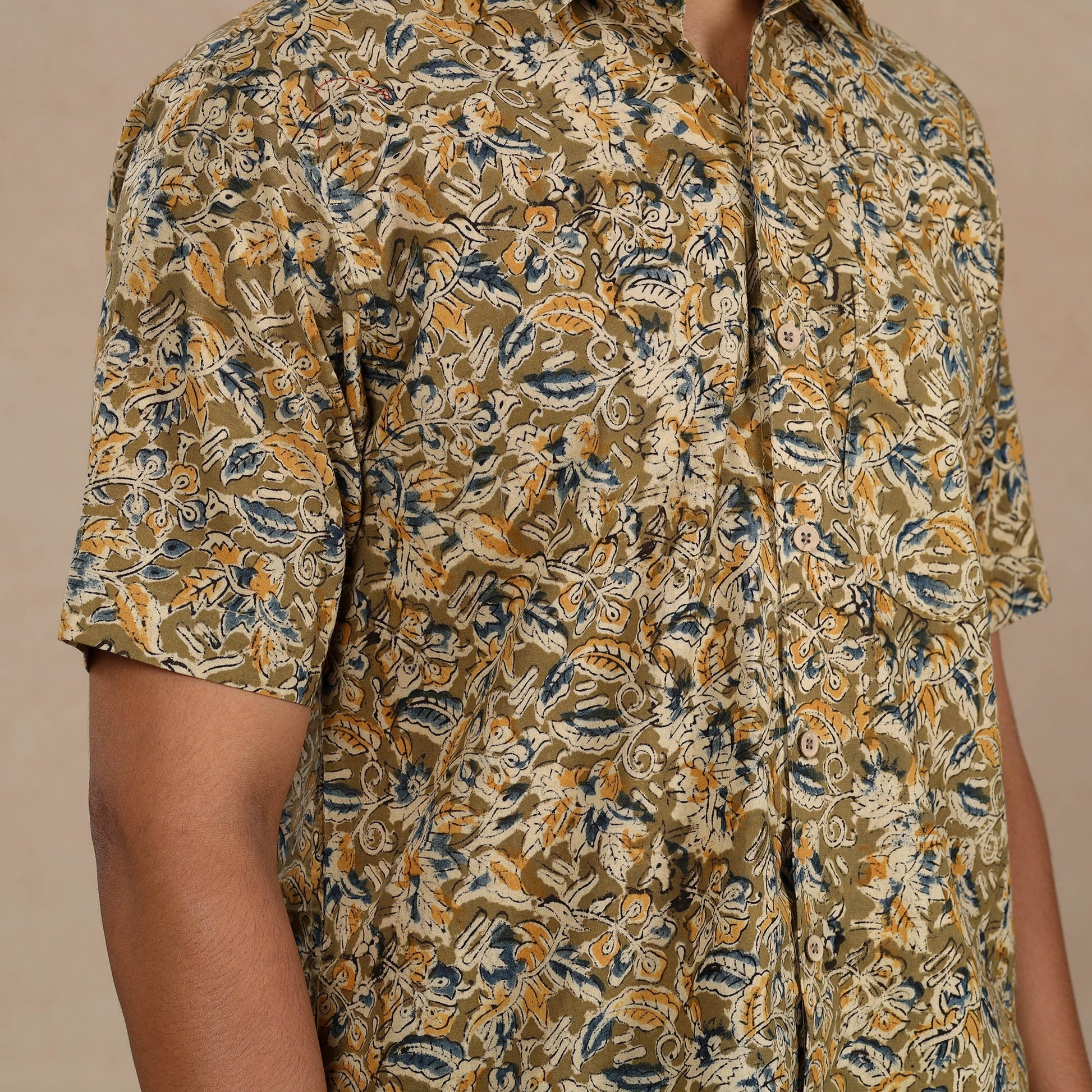 Brown - Men Kalamkari Block Printed Cotton Half Sleeve Shirt