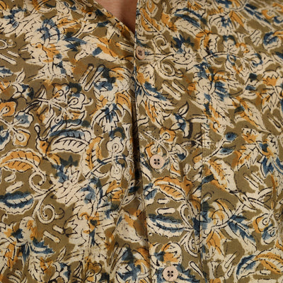 Brown - Men Kalamkari Block Printed Cotton Half Sleeve Shirt