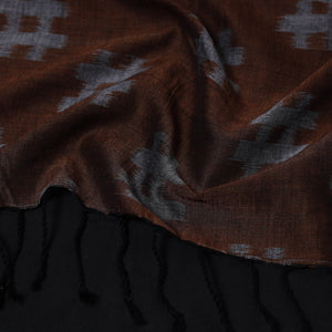 Brown - Maniabandha Ikat Weave Handloom Cotton Stole with Tassels