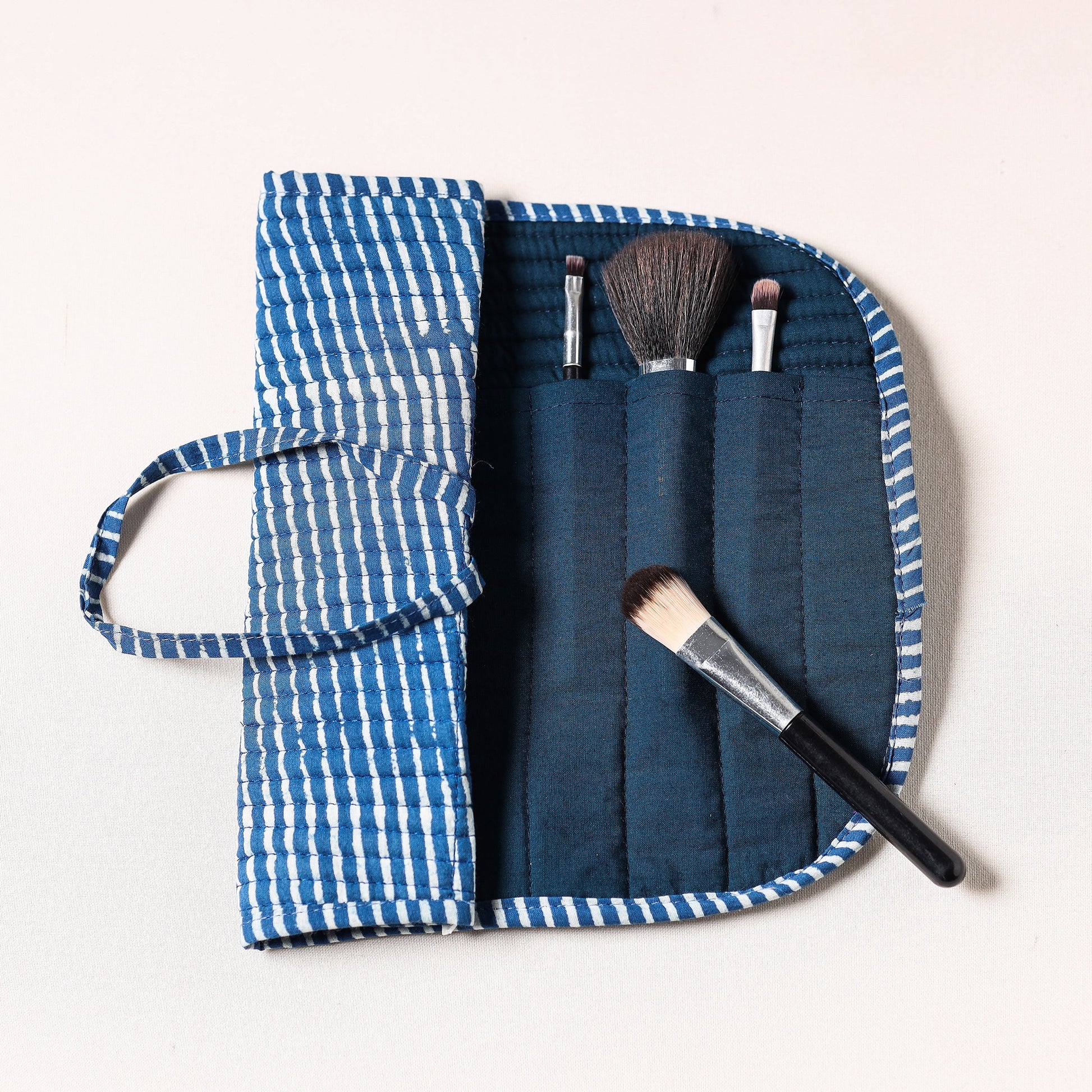 Blue - Bagru Fabric Multipurpose Segmented Make-up Brush Wrap Pouch/Case