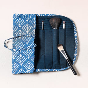 Blue - Bagru Fabric Multipurpose Segmented Make-up Brush Wrap Pouch/Case