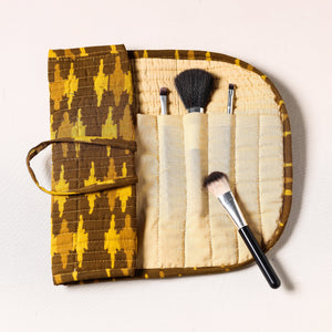 Brown - Bagru Fabric Multipurpose Segmented Make-up Brush Wrap Pouch/Case