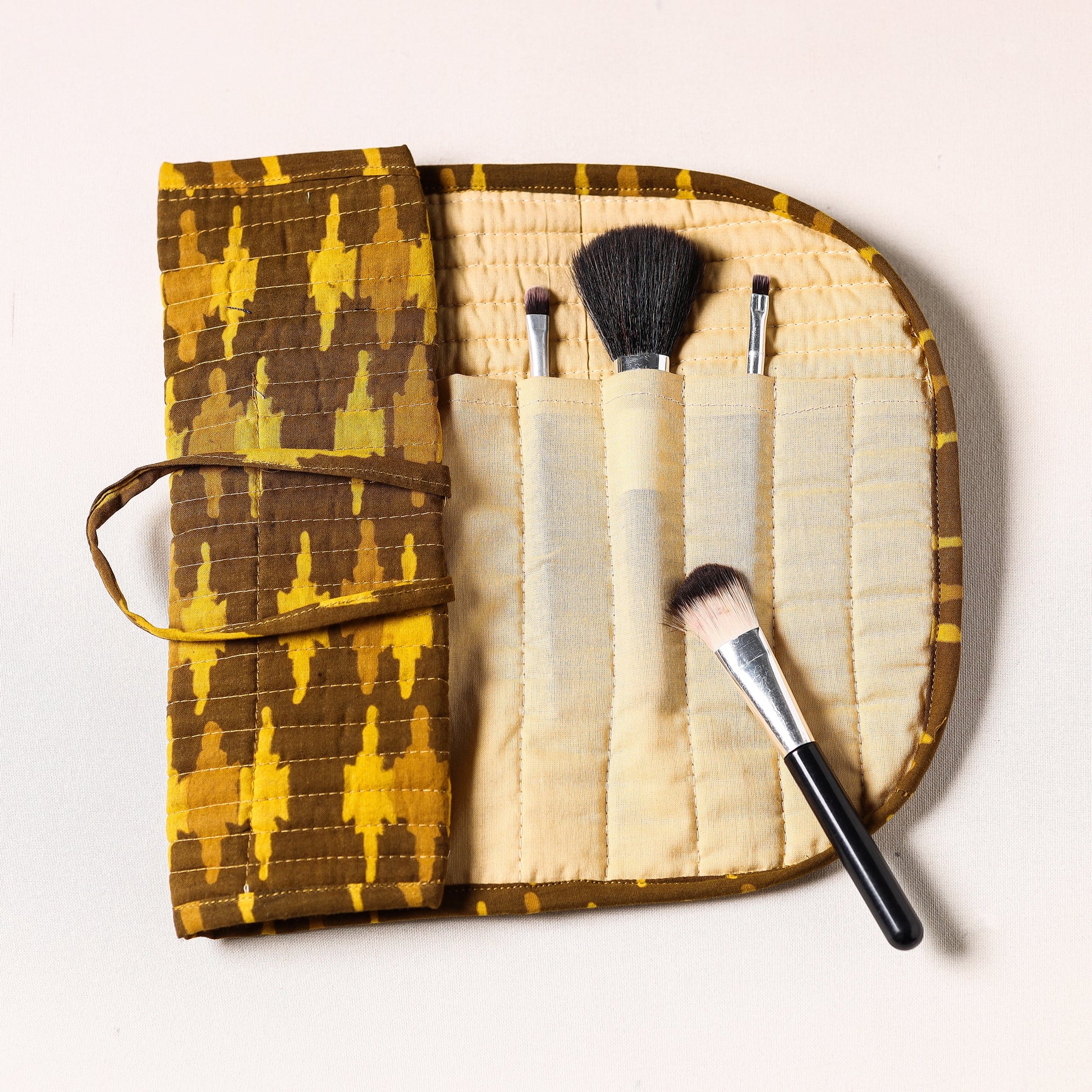 Brown - Bagru Fabric Multipurpose Segmented Make-up Brush Wrap Pouch/Case