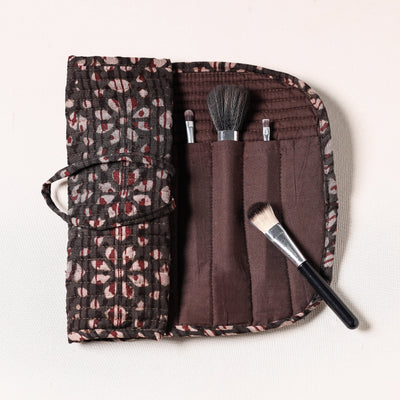 Brown - Bagru Fabric Multipurpose Segmented Make-up Brush Wrap Pouch/Case