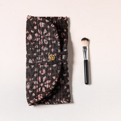Brown - Bagru Fabric Multipurpose Segmented Make-up Brush Wrap Pouch/Case