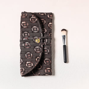 Brown - Bagru Fabric Multipurpose Segmented Make-up Brush Wrap Pouch/Case