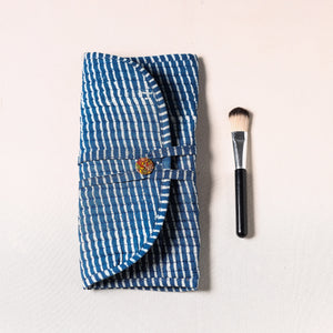 Blue - Bagru Fabric Multipurpose Segmented Make-up Brush Wrap Pouch/Case