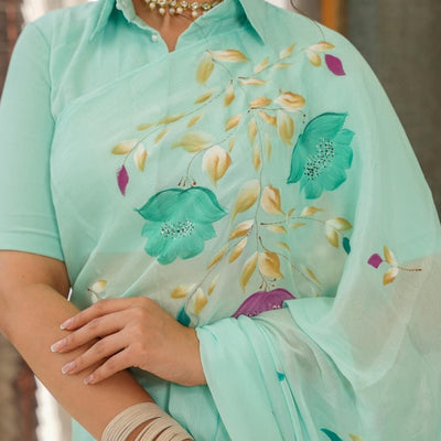 Lilith blue handpainted saree