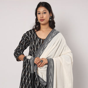 Black - Pochampally Ikat Weave Cotton Kurta with Palazzo & Dupatta Set