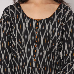 Black - Pochampally Ikat Weave Cotton Kurta with Palazzo & Dupatta Set