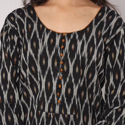 Black - Pochampally Ikat Weave Cotton Kurta with Palazzo & Dupatta Set