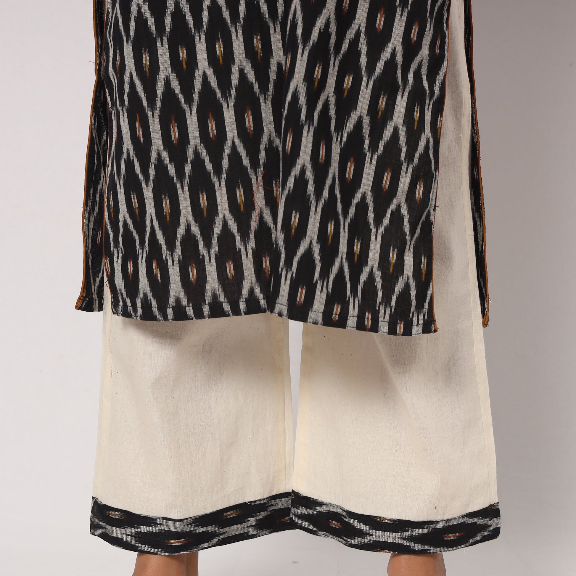 Black - Pochampally Ikat Weave Cotton Kurta with Palazzo & Dupatta Set
