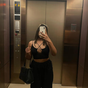 Mesh top and Black parachute pant set