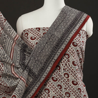 Beige - 3pc Natural Dyed Cotton Bagh Print Suit Material Set 08
