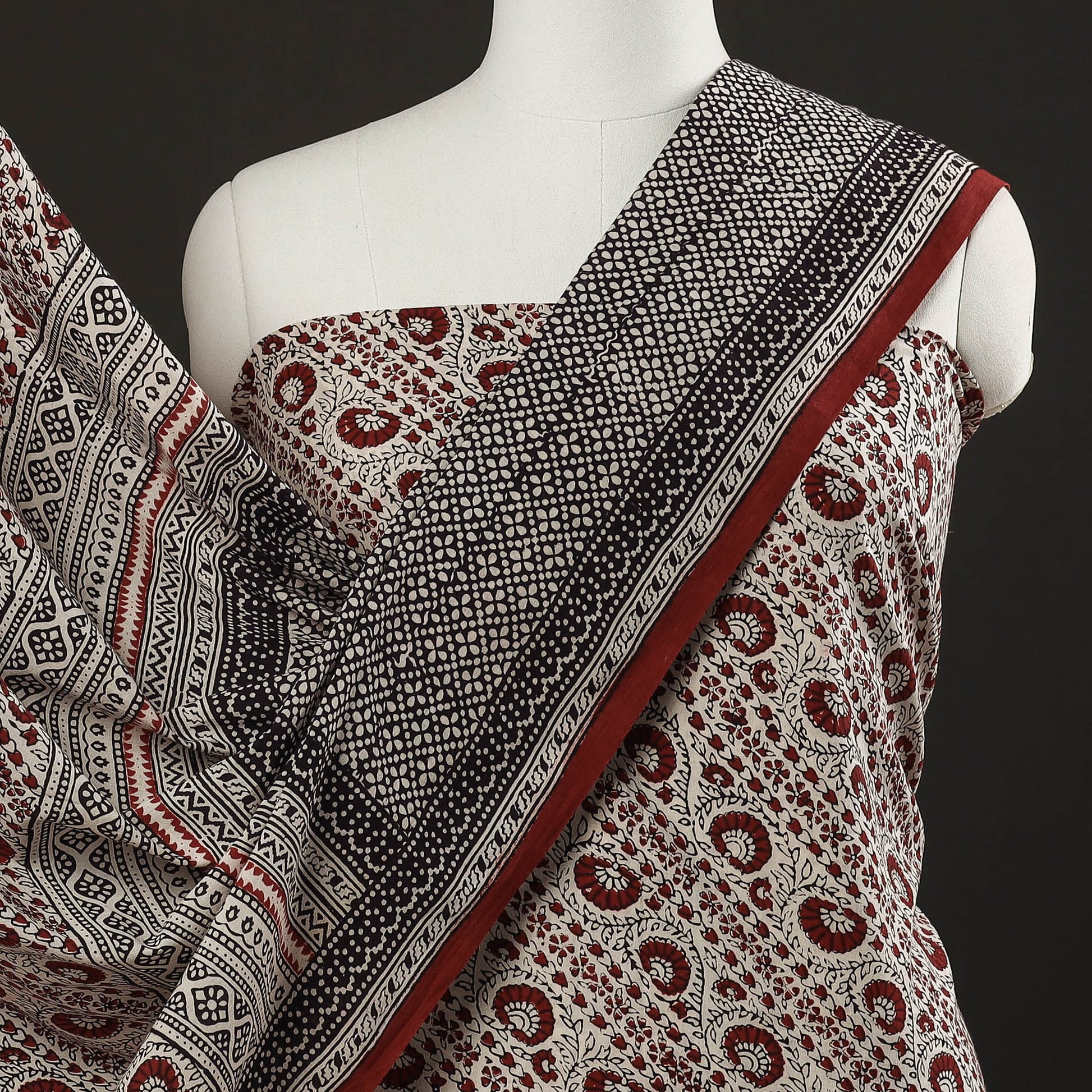 Beige - 3pc Natural Dyed Cotton Bagh Print Suit Material Set 08