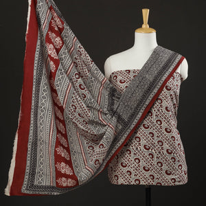Beige - 3pc Natural Dyed Cotton Bagh Print Suit Material Set 08