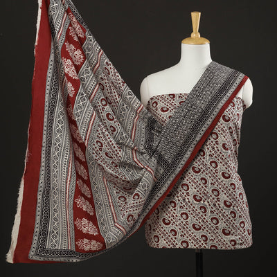 Beige - 3pc Natural Dyed Cotton Bagh Print Suit Material Set 08