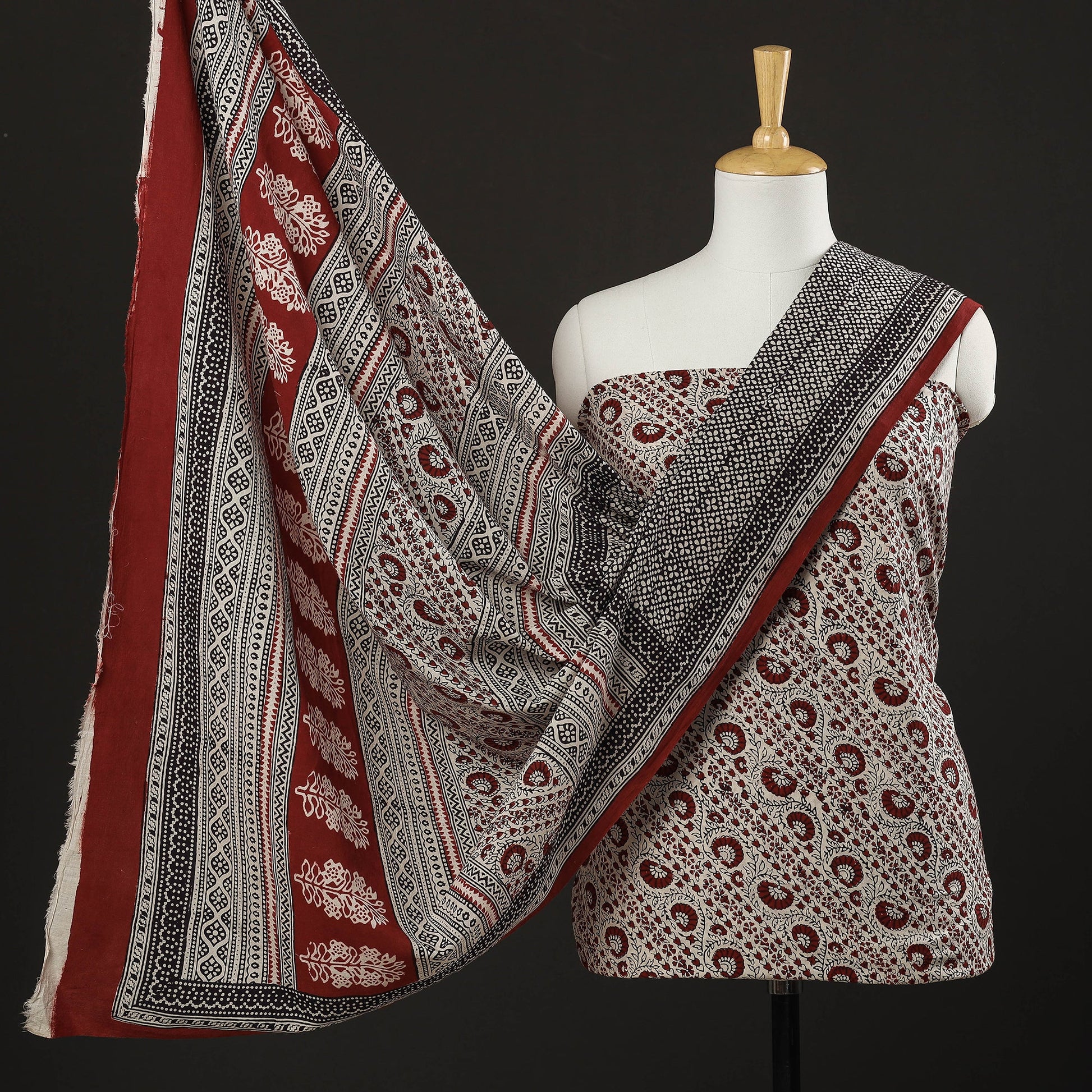 Beige - 3pc Natural Dyed Cotton Bagh Print Suit Material Set 08