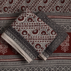 Beige - 3pc Natural Dyed Cotton Bagh Print Suit Material Set 08
