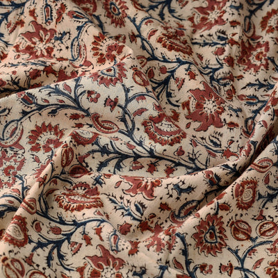 Beige - Pedana Kalamkari Block Printed  Cotton Fabric
