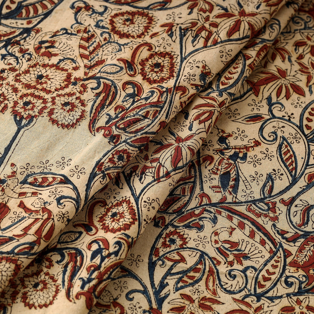 Beige - Pedana Hand Block Print Natural Dyed Kota Doria Cotton Kalamkari Fabric 14
