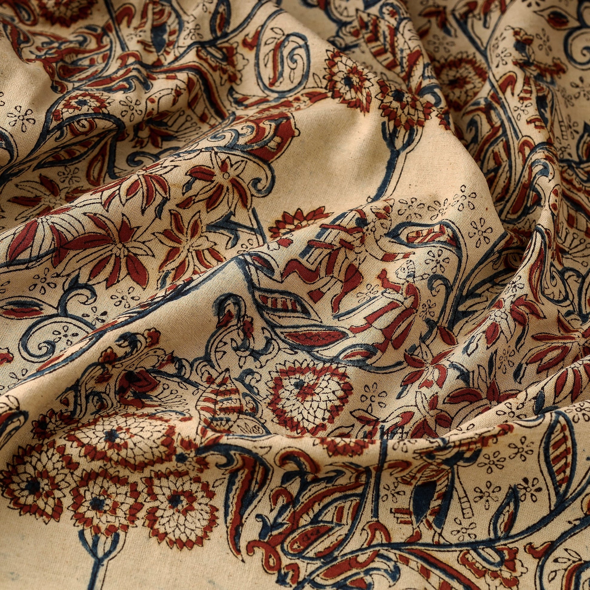 Beige - Pedana Kalamkari Block Printed Cotton Fabric