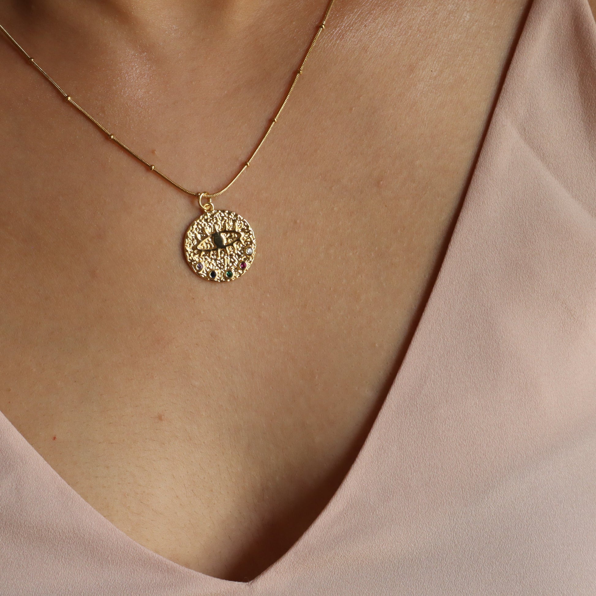 Evil Eye Disc 18K Gold Plated Necklace