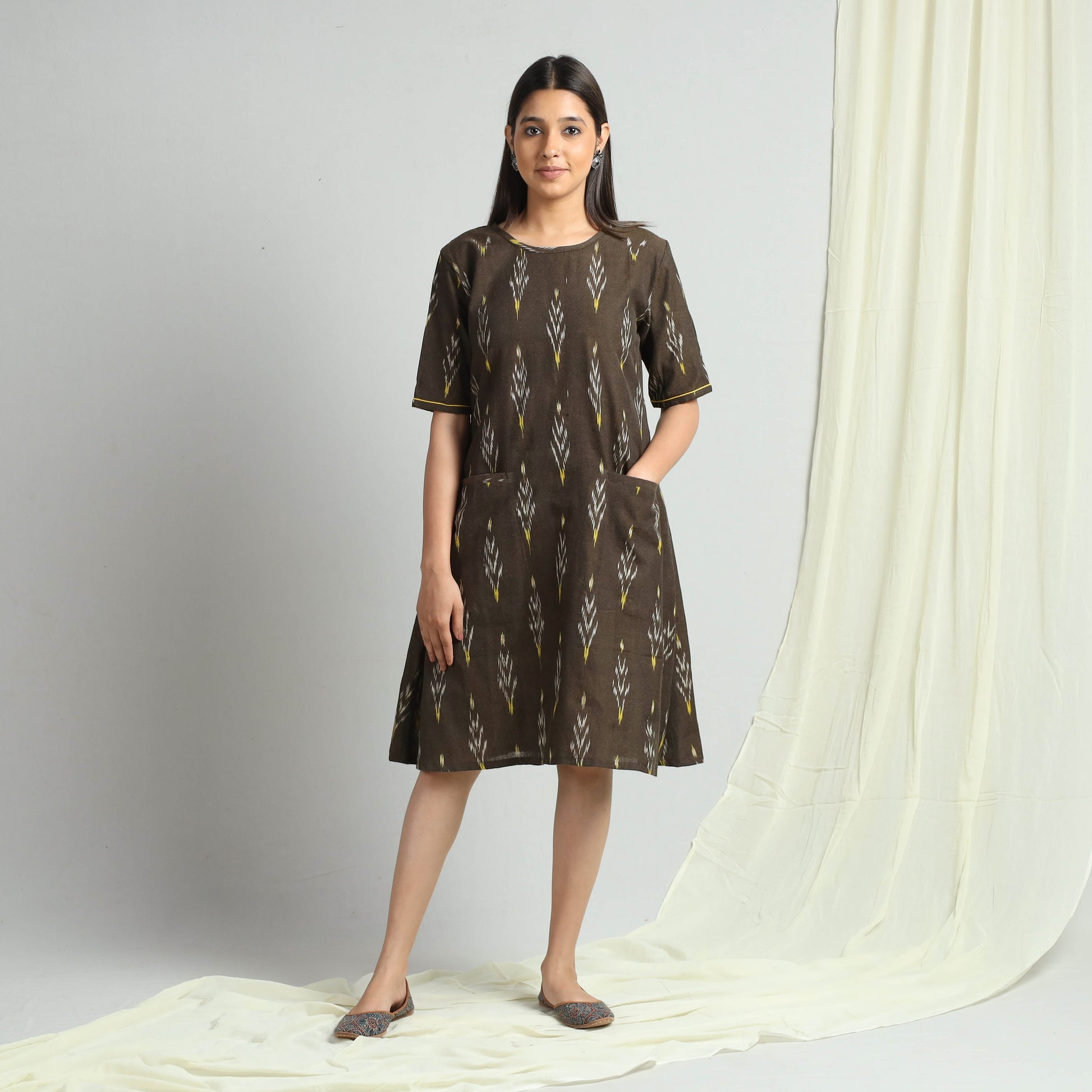Brown - Pochampally Ikat Weave Cotton Dress