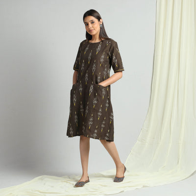 Brown - Pochampally Ikat Weave Cotton Dress