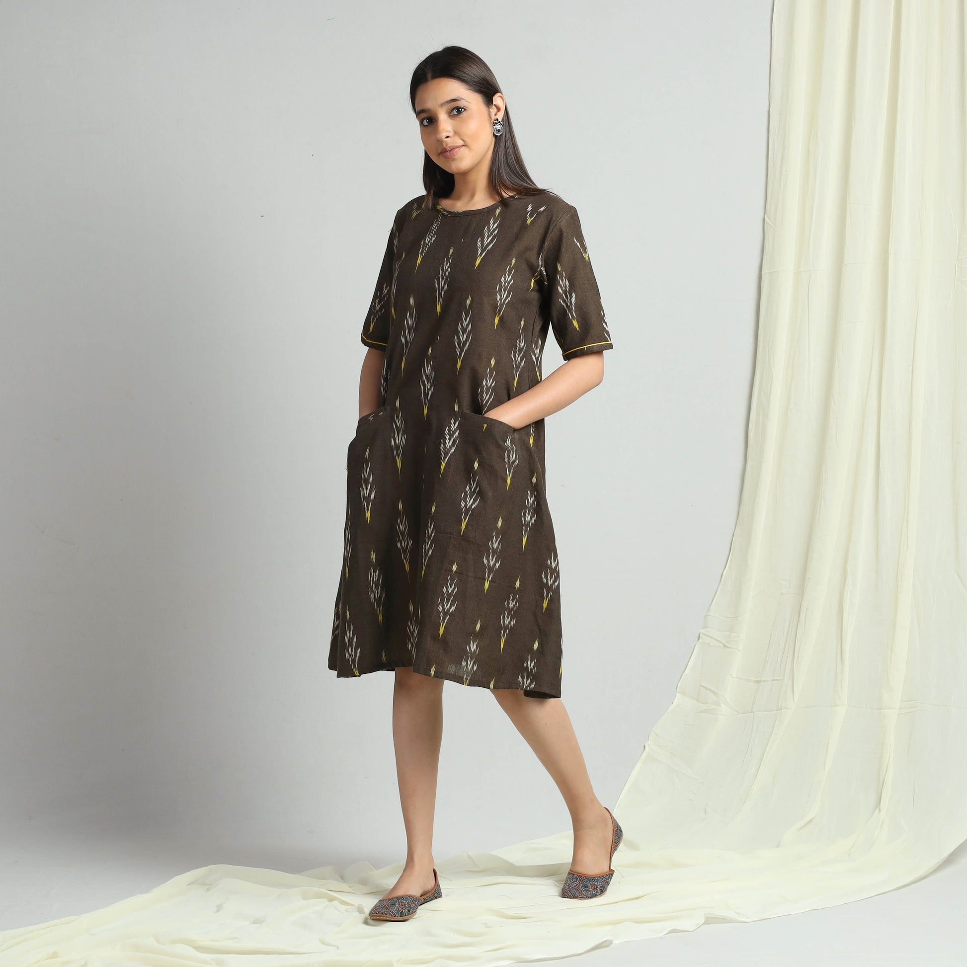 Brown - Pochampally Ikat Weave Cotton Dress