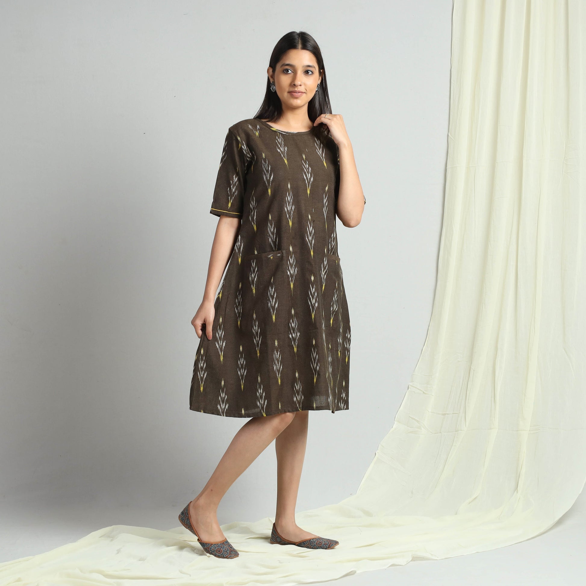 Brown - Pochampally Ikat Weave Cotton Dress