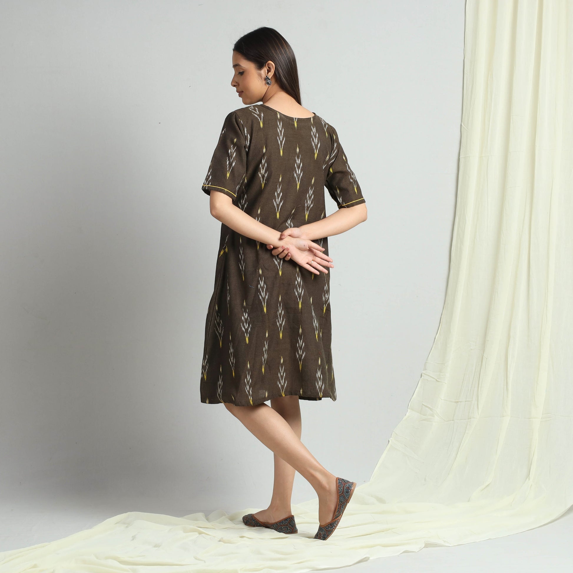 Brown - Pochampally Ikat Weave Cotton Dress