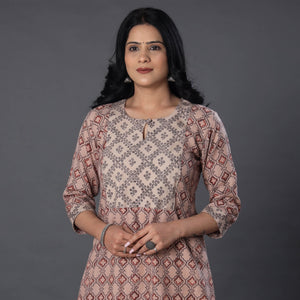 Beige - Handwoven Wool Pedana Kalamkari Print Kurta