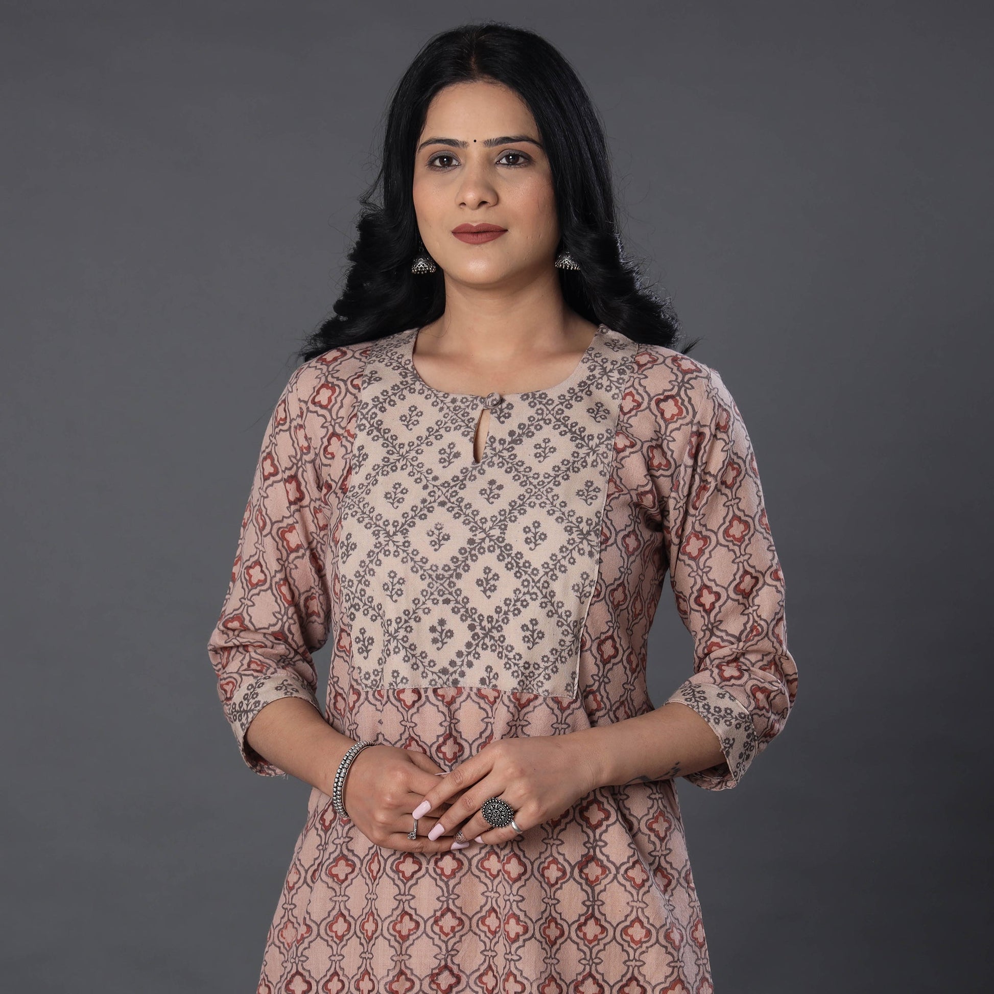 Beige - Handwoven Wool Pedana Kalamkari Print Kurta
