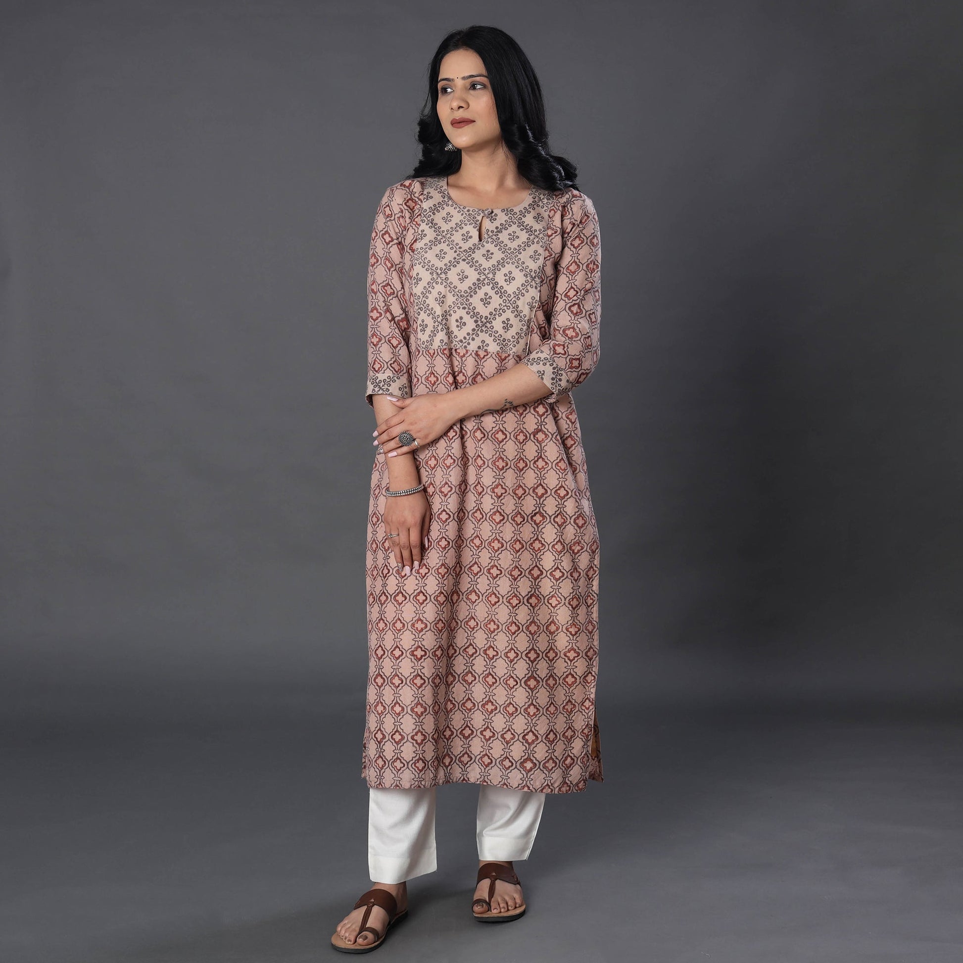 Beige - Handwoven Wool Pedana Kalamkari Print Kurta