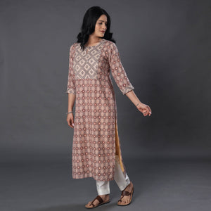 Beige - Handwoven Wool Pedana Kalamkari Print Kurta