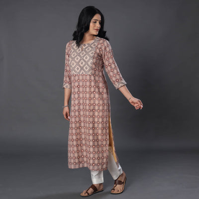 Beige - Handwoven Wool Pedana Kalamkari Print Kurta