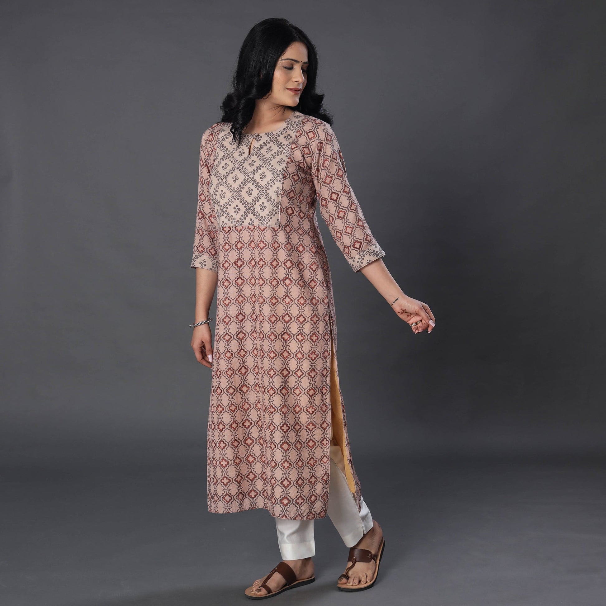 Beige - Handwoven Wool Pedana Kalamkari Print Kurta