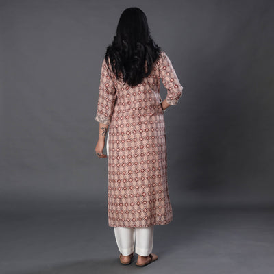 Beige - Handwoven Wool Pedana Kalamkari Print Kurta